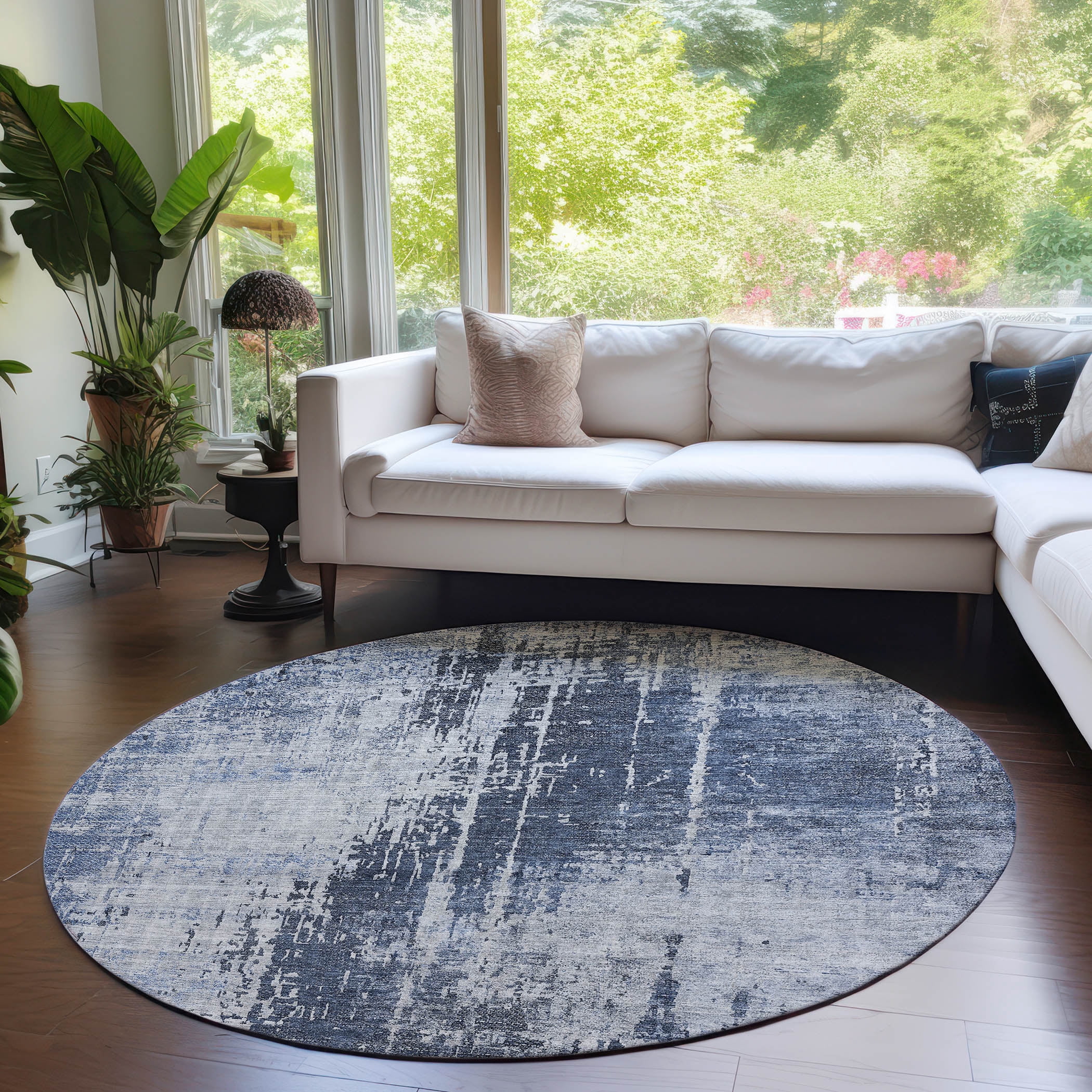 Addison Rugs Chantille Indoor/Outdoor Transitional Modern Navy Washable Round Rug, 8' x 8'
