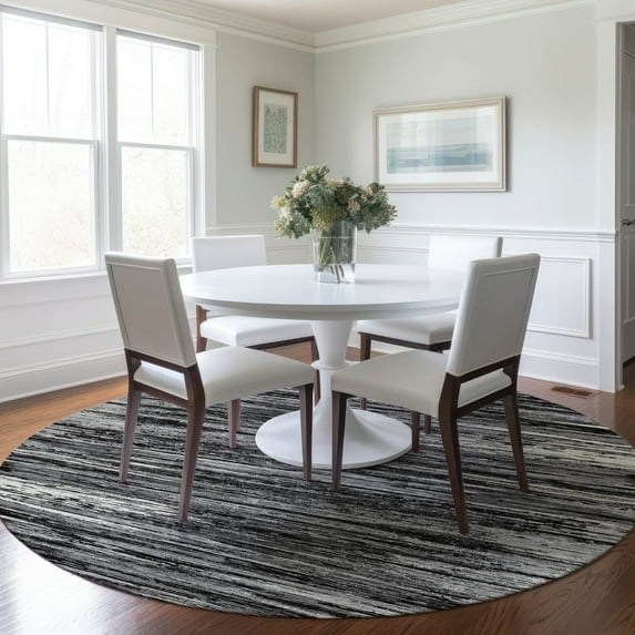 Addison Rugs Chantille Indoor/Outdoor Transitional Stripes Black Washable Round Rug, 8' x 8'