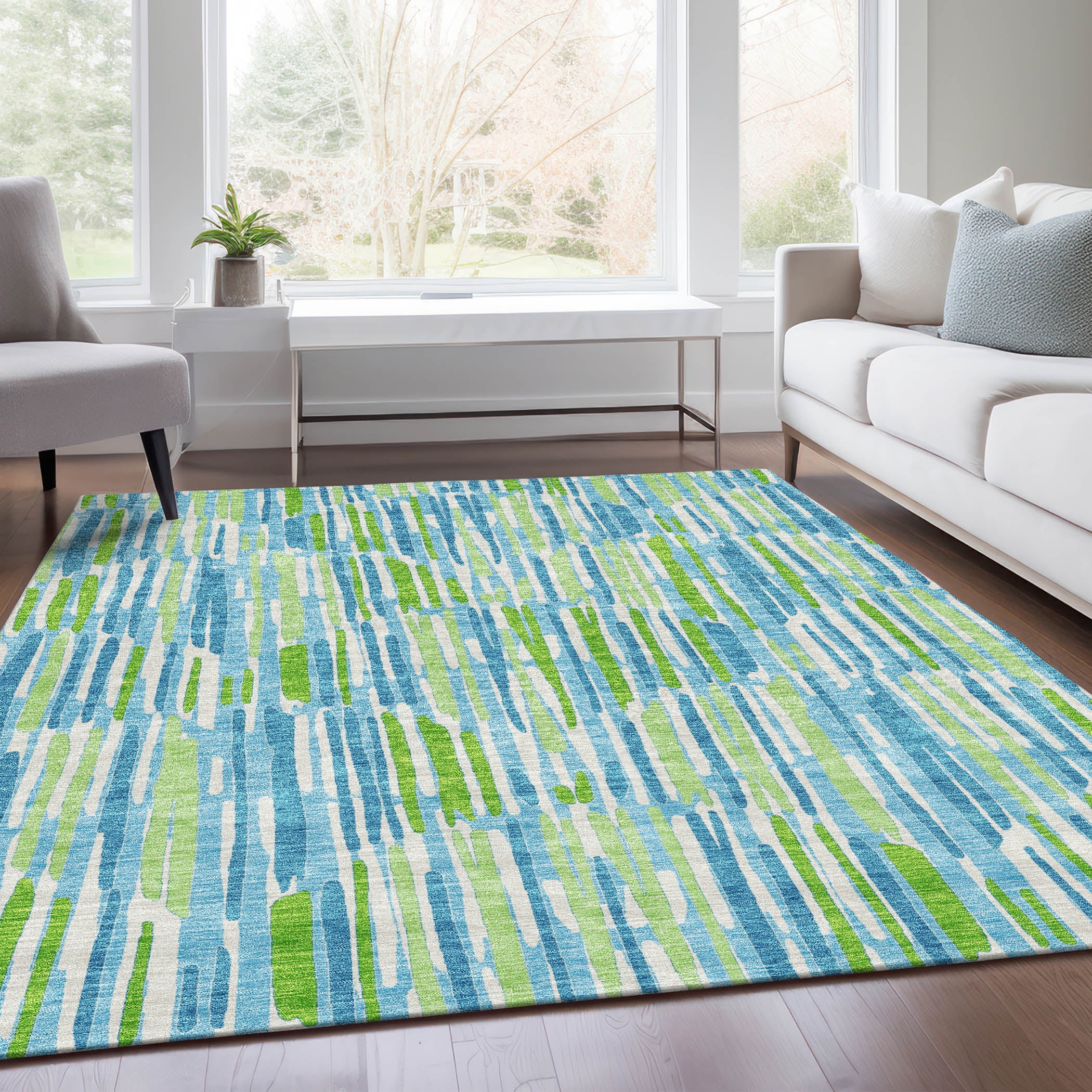 Addison Rugs Chantille Indoor/Outdoor Transitional Lines Aqua Washable Rectangle Rug, 2'6" x 3'10"