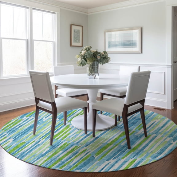 Addison Rugs Chantille Indoor/Outdoor Transitional Lines Aqua Washable Round Rug, 8' x 8'