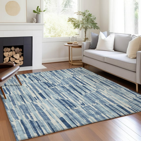 Addison Rugs Chantille Indoor/Outdoor Transitional Lines Blue Washable Rectangle Rug, 5' x 7'6"