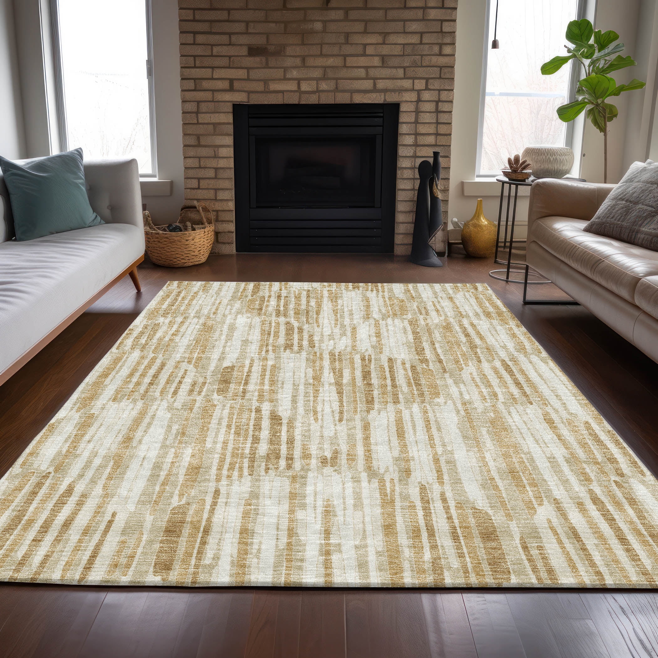 Addison Rugs Chantille Indoor/Outdoor Transitional Lines Gold Washable Rectangle Rug, 2'6" x 3'10"