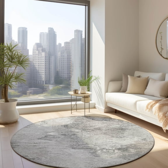 Addison Rugs Chantille Indoor/Outdoor Transitional Abstract Silver Washable Round Rug, 8' x 8'
