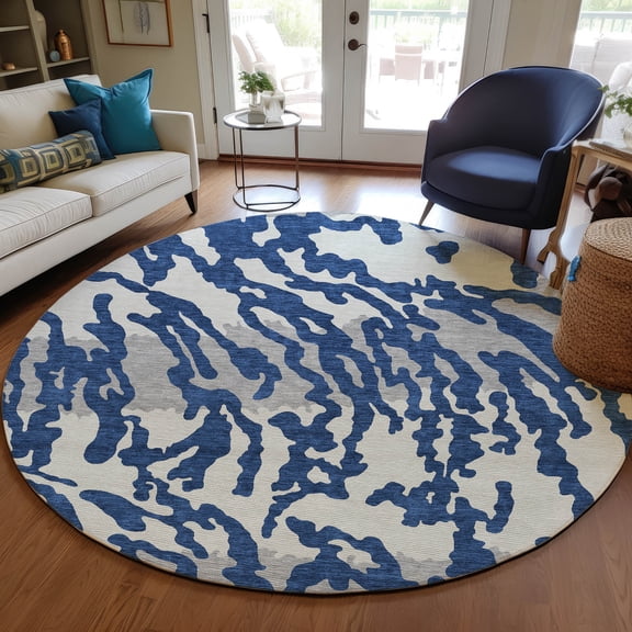 Addison Rugs Chantille Indoor/Outdoor Transitional Animal Print Navy Machine Washable Round Rug, 8' x 8'