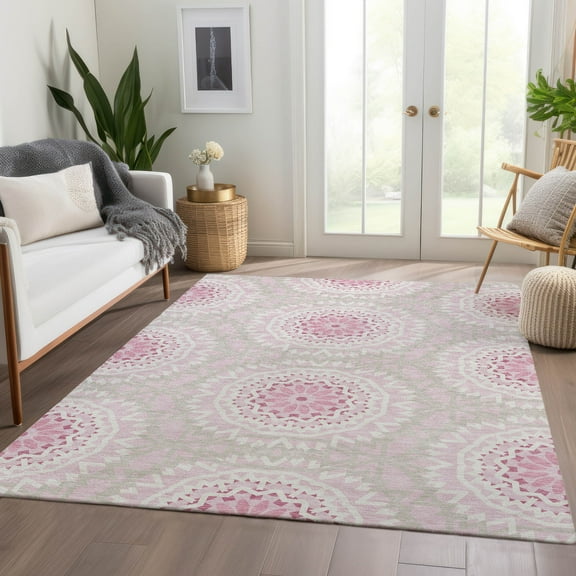 Addison Rugs Chantille Indoor/Outdoor Transitional Circles Pink Washable Rectangle Rug, 5' x 7'6"
