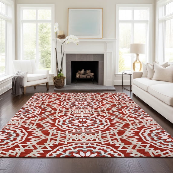 Addison Rugs Chantille Indoor/Outdoor Transitional Circles Red Washable Rectangle Rug, 5' x 7'6"