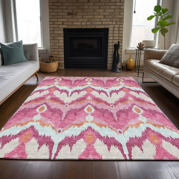 Addison Rugs Chantille Indoor/Outdoor Transitional Ikat Pink Washable Rectangle Rug, 9' x 12'