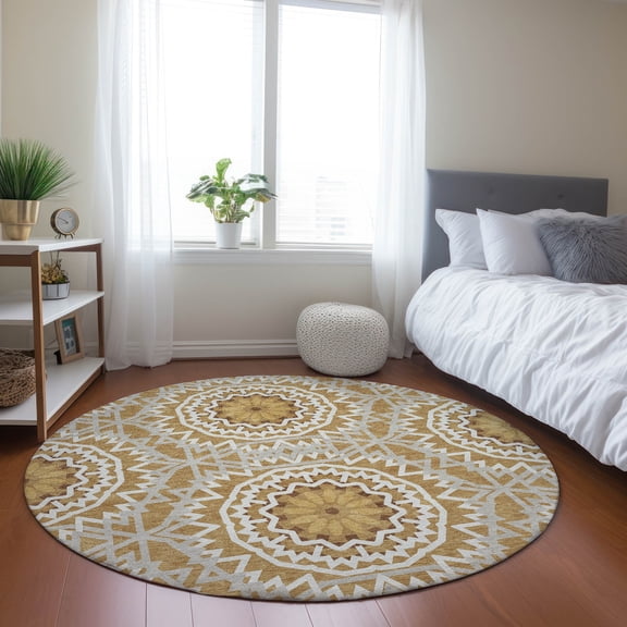Addison Rugs Chantille Indoor/Outdoor Transitional Circles Gold Washable Round Rug, 8' x 8'