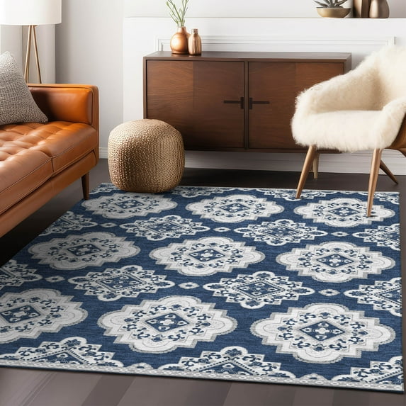 Addison Rugs Chantille Indoor/Outdoor Transitional Medallions Navy Washable Rectangle Rug, 10' x 14'