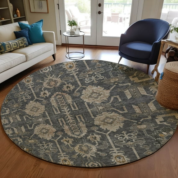 Addison Rugs Chantille Indoor/Outdoor Traditional Oriental Gray Washable Round Rug, 8' x 8'