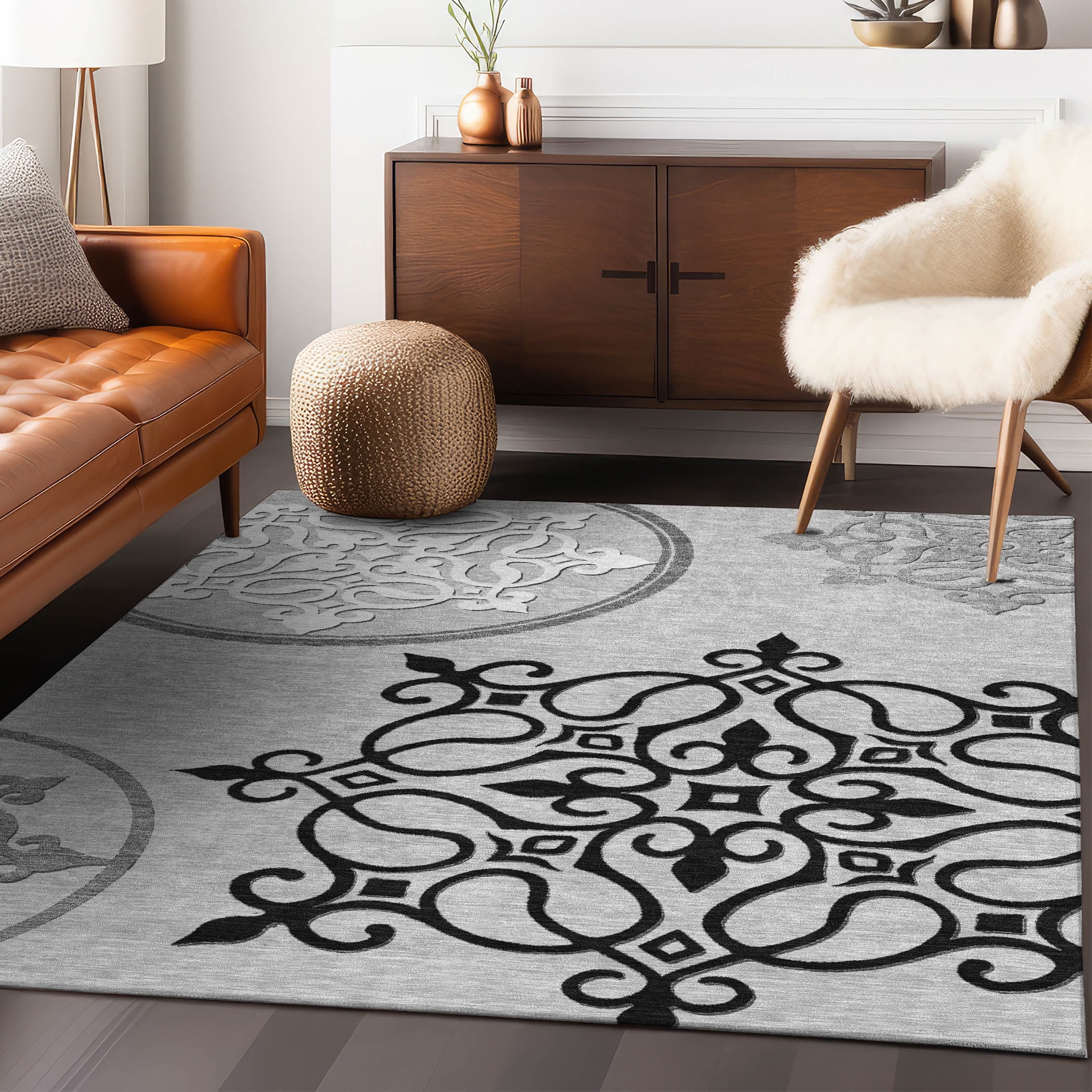 Addison Rugs Chantille Indoor/Outdoor Transitional Scrolls Gray Washable Rectangle Rug, 5' x 7'6"