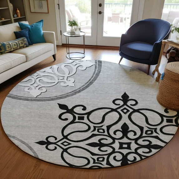 Addison Rugs Chantille Indoor/Outdoor Transitional Scrolls Gray Washable Round Rug, 8' x 8'