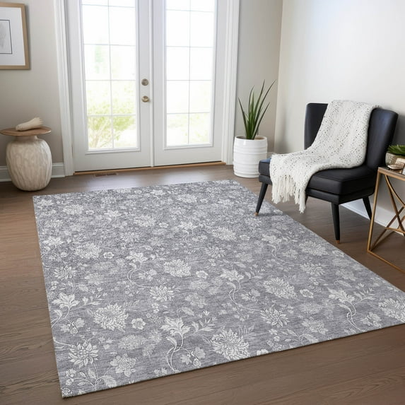 Addison Rugs Chantille Indoor/Outdoor Transitional Floral Gray Washable Rectangle Rug, 5' x 7'6"