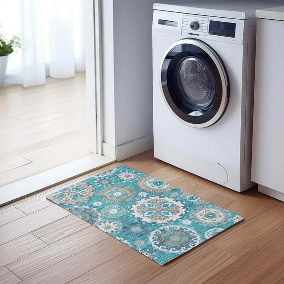 Addison Rugs Chantille Indoor/Outdoor Transitional Kaleidoscope Teal Washable Rectangle Rug, 1'8" x 2'6"