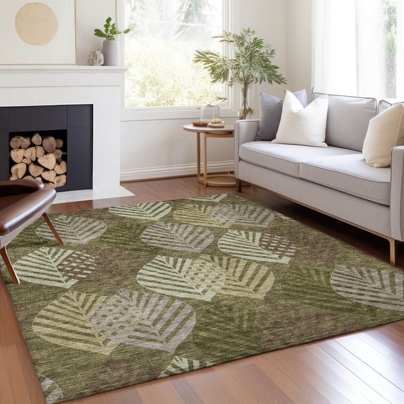 Addison Rugs Chantille Indoor/Outdoor Transitional Floral Olive Washable Rectangle Rug, 5' x 7'6"