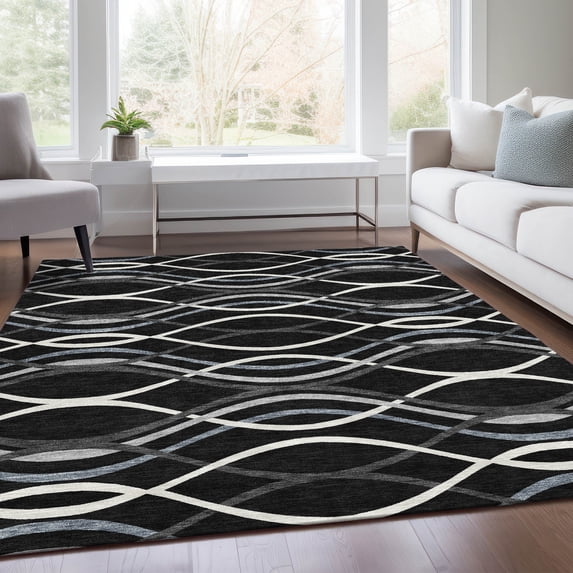 Addison Rugs Chantille Indoor/Outdoor Transitional Waves Black Washable Rectangle Rug, 3' x 5'