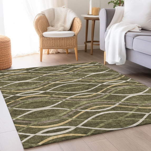 Addison Rugs Chantille Indoor/Outdoor Transitional Waves Olive Washable Rectangle Rug, 5' x 7'6"