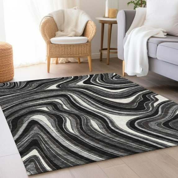 Addison Rugs Chantille Indoor/Outdoor Transitional Swirls Black Washable Rectangle Rug, 10' x 14'