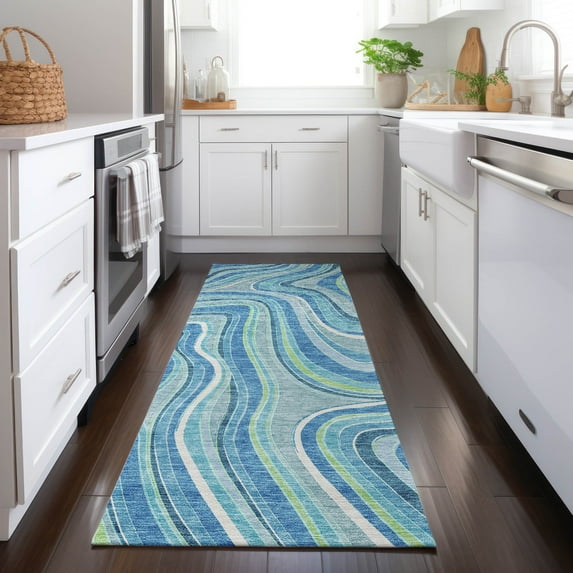 Addison Rugs Chantille Indoor/Outdoor Transitional Swirls Blue Washable Runner Rug, 2'3" x 7'6"