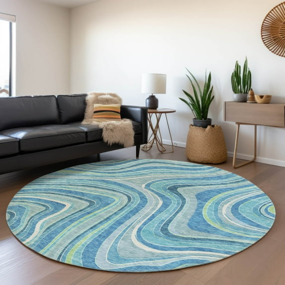 Addison Rugs Chantille Indoor/Outdoor Transitional Swirls Blue Washable Round Rug, 8' x 8'