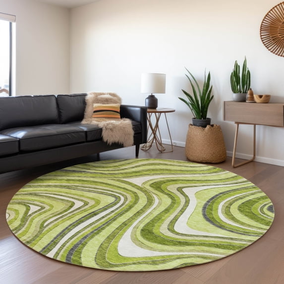 Addison Rugs Chantille Indoor/Outdoor Transitional Swirls Lime Washable Round Rug, 8' x 8'