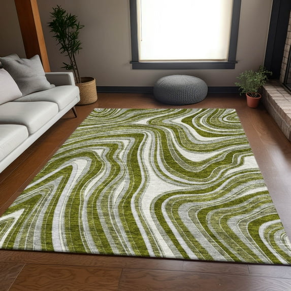 Addison Rugs Chantille Indoor/Outdoor Transitional Swirls Olive Washable Rectangle Rug, 5' x 7'6"