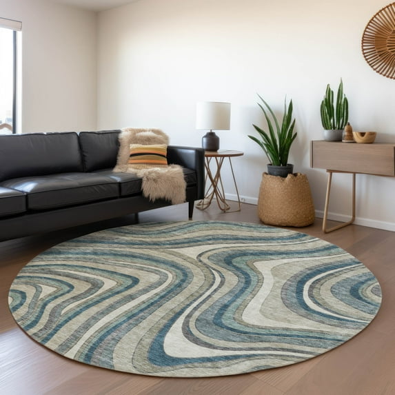 Addison Rugs Chantille Indoor/Outdoor Transitional Swirls Teal Washable Round Rug, 8' x 8'