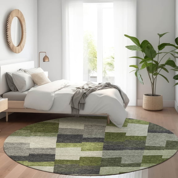 Addison Rugs Chantille Indoor/Outdoor Transitional Geometric Olive Washable Round Rug, 8' x 8'