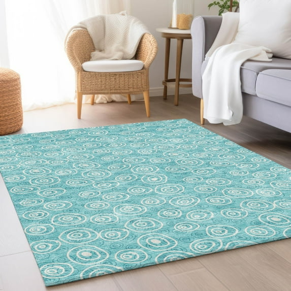 Addison Rugs Chantille Indoor/Outdoor Transitional Circles Teal Washable Rectangle Rug, 8' x 10'