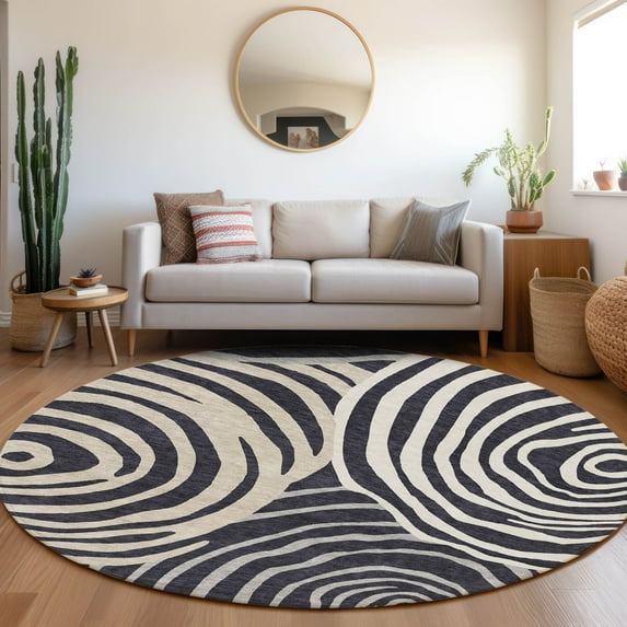 Addison Rugs Chantille Indoor/Outdoor Transitional Swirls Black Washable Round Rug, 8' x 8'