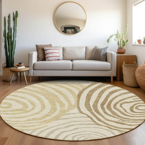Addison Rugs Chantille Indoor/Outdoor Transitional Swirls Gold Washable Round Rug, 8' x 8'