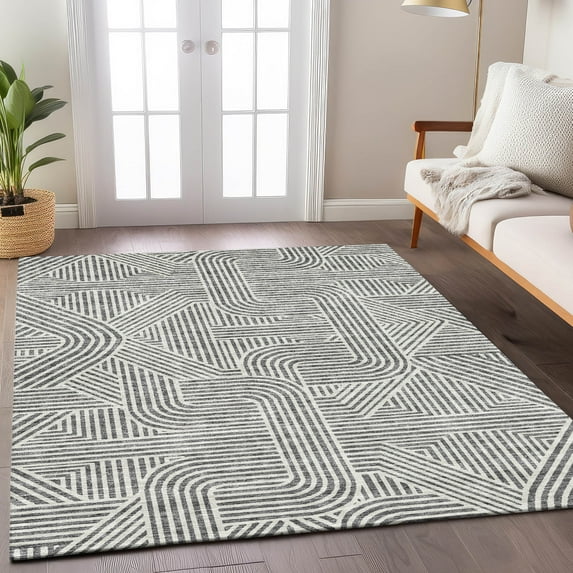 Addison Rugs Chantille Indoor/Outdoor Transitional Lines Gray Washable Rectangle Rug, 5' x 7'6"