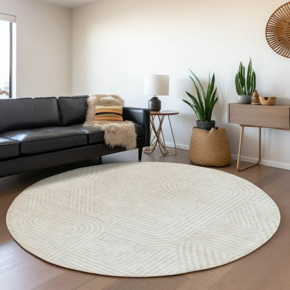 Addison Rugs Chantille Indoor/Outdoor Transitional Lines Ivory Washable Round Rug, 8' x 8'