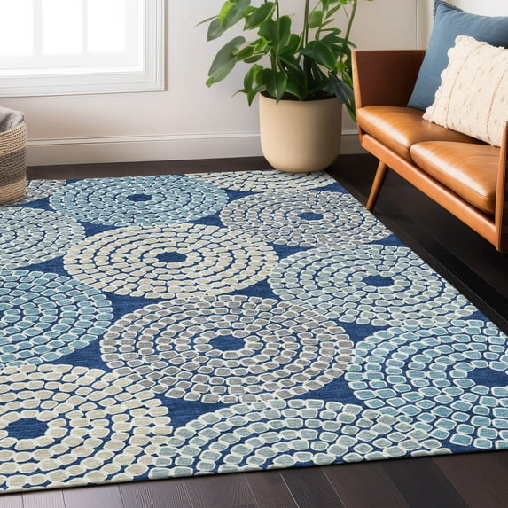 Addison Rugs Chantille Indoor/Outdoor Transitional Circles Navy Washable Rectangle Rug, 8' x 10'
