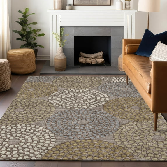 Addison Rugs Chantille Indoor/Outdoor Transitional Circles Taupe Washable Rectangle Rug, 3' x 5'