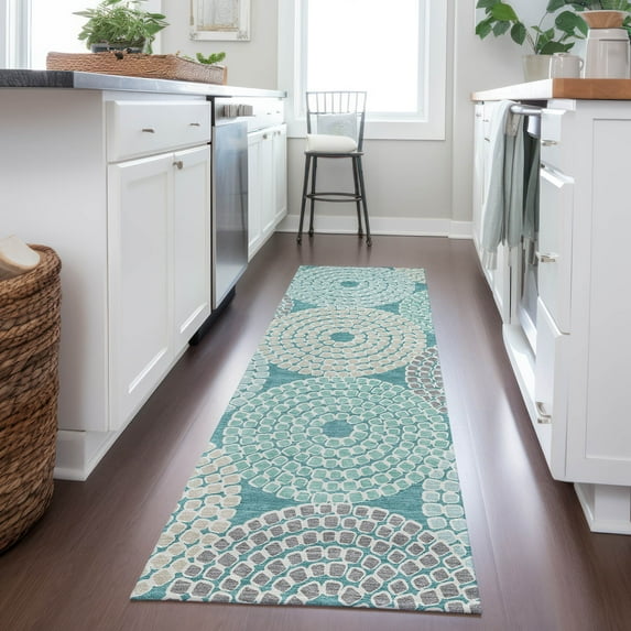Addison Rugs Chantille Indoor/Outdoor Transitional Circles Teal Washable Runner Rug, 2'3" x 7'6"