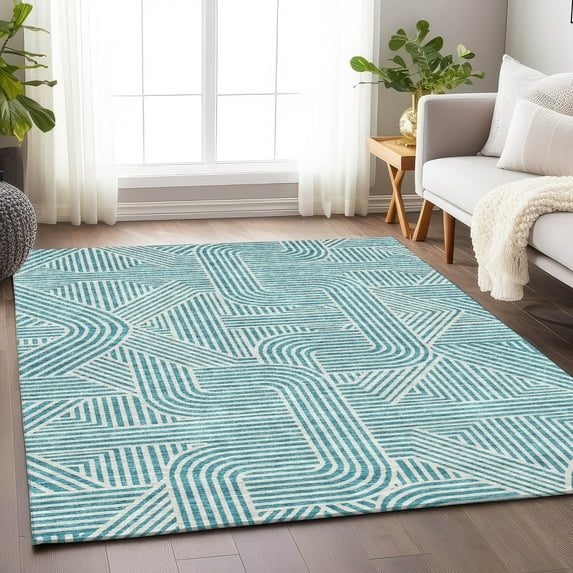Addison Rugs Chantille Indoor/Outdoor Transitional Lines Teal Washable Rectangle Rug, 5' x 7'6"