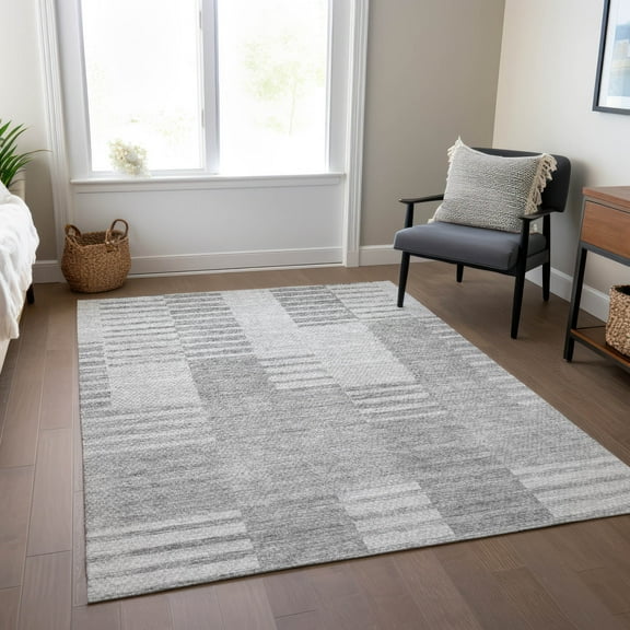 Addison Rugs Chantille Indoor/Outdoor Transitional Striped Silver Washable Rectangle Rug, 3' x 5'