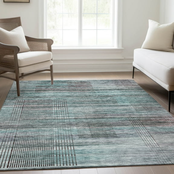 Addison Rugs Chantille Indoor/Outdoor Transitional Stripes Teal Washable Rectangle Rug, 5' x 7'6"