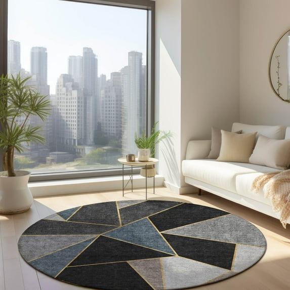 Addison Rugs Chantille Indoor/Outdoor Transitional Geometric Blue Washable Round Rug, 8' x 8'