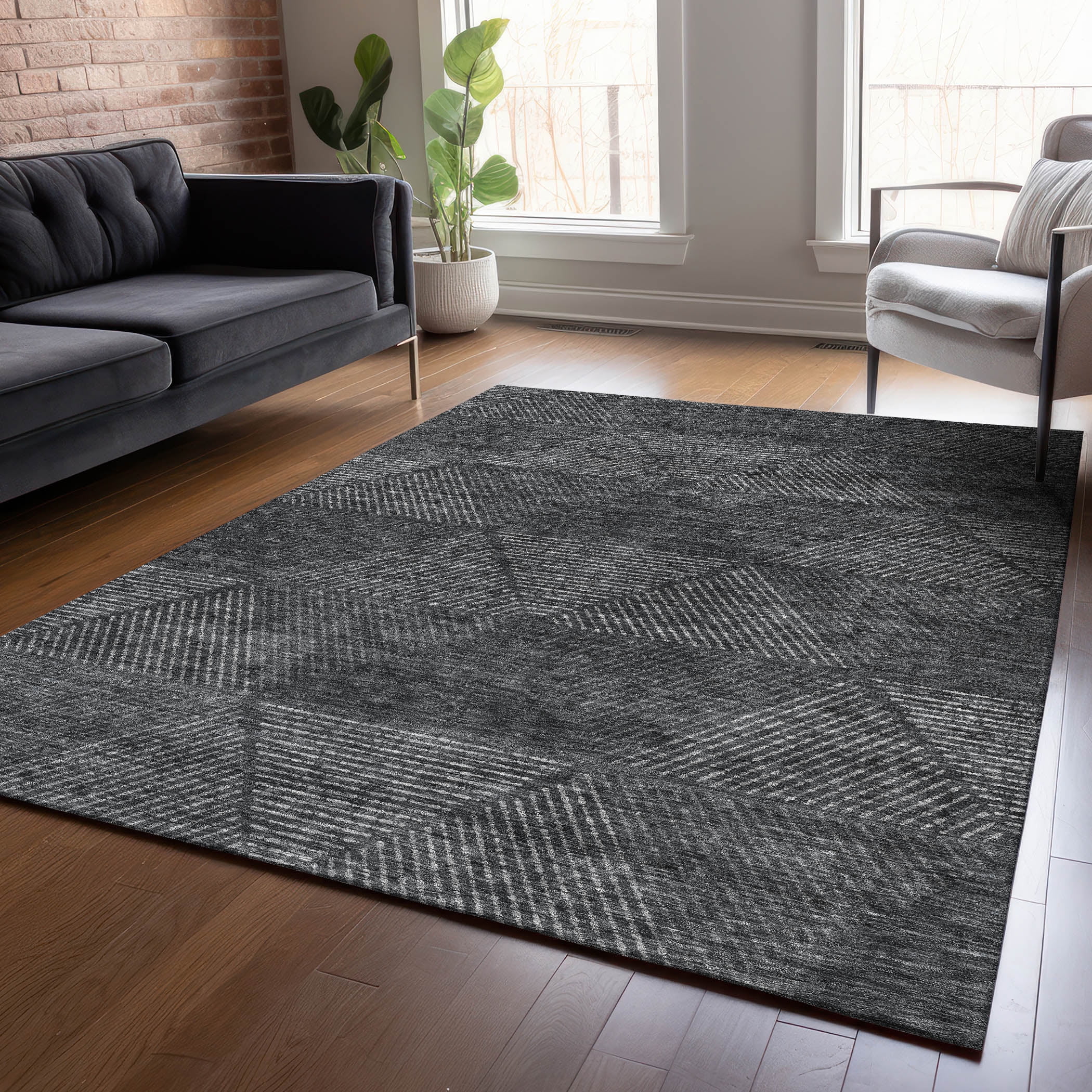 Addison Rugs Chantille Indoor/Outdoor Transitional Geometric Charcoal Washable Rectangle Rug, 10' x 14'