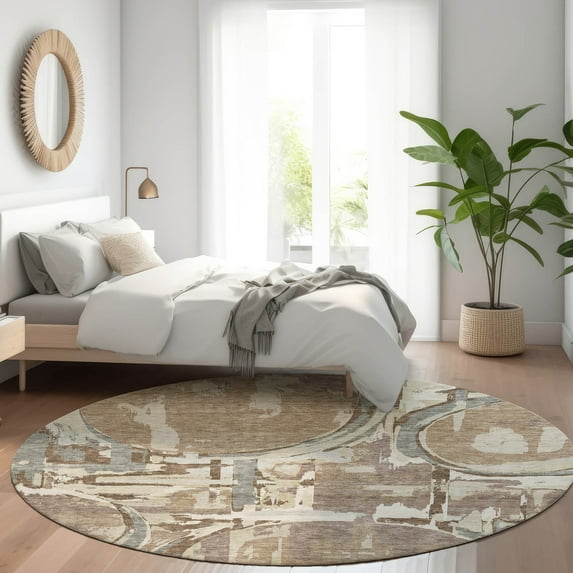 Addison Rugs Chantille Indoor/Outdoor Transitional Geometric Mocha Washable Round Rug, 8' x 8'