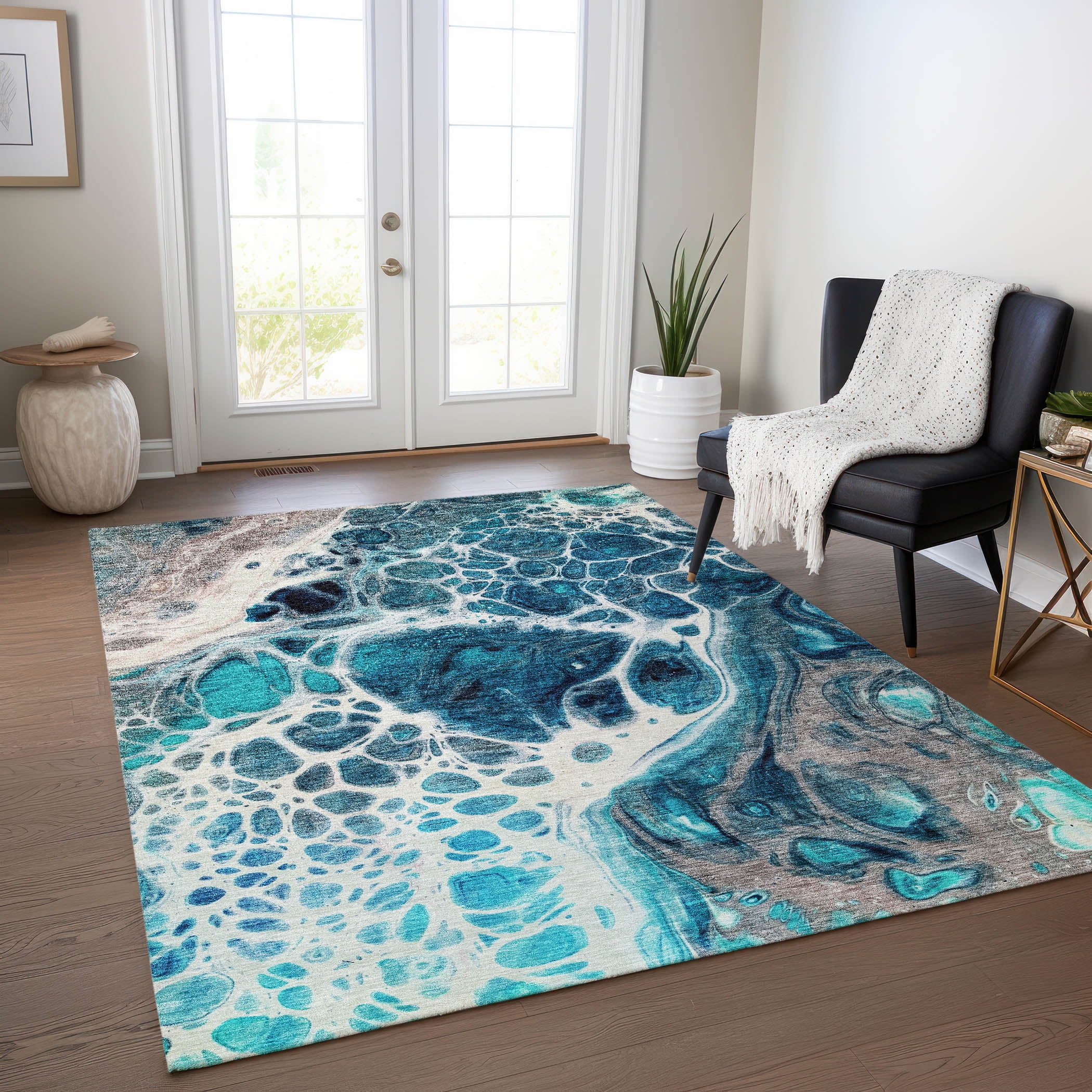 3'x4' Grey Teal Machine Woven UV Treated Modern Abstract Style Indoor Outdoor Accent Rug main image 1