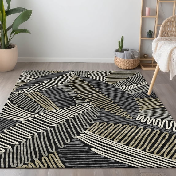 Addison Rugs Chantille Indoor/Outdoor Transitional Floral Black Washable Rectangle Rug, 3' x 5'