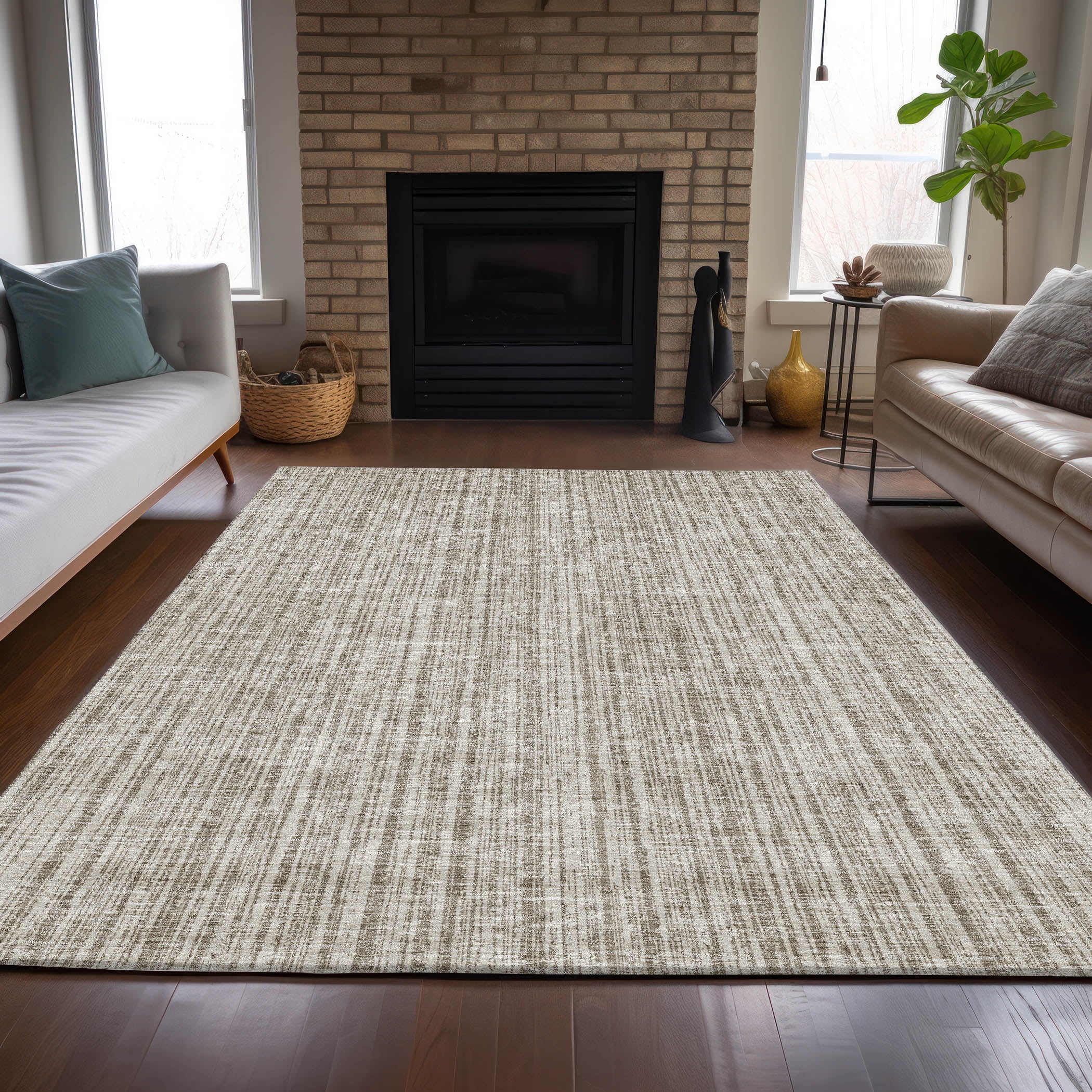 Taupe Striped Synthetic Flat Woven Indoor/Outdoor Rug 2'6" x 3'10"