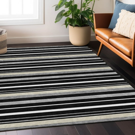 Addison Rugs Chantille Indoor/Outdoor Transitional Stripes Black Washable Rectangle Rug, 2'6" x 3'10"