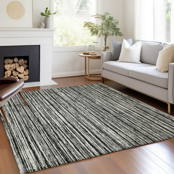Addison Rugs Chantille Indoor/Outdoor Transitional Stripes Black Washable Rectangle Rug, 5' x 7'6"