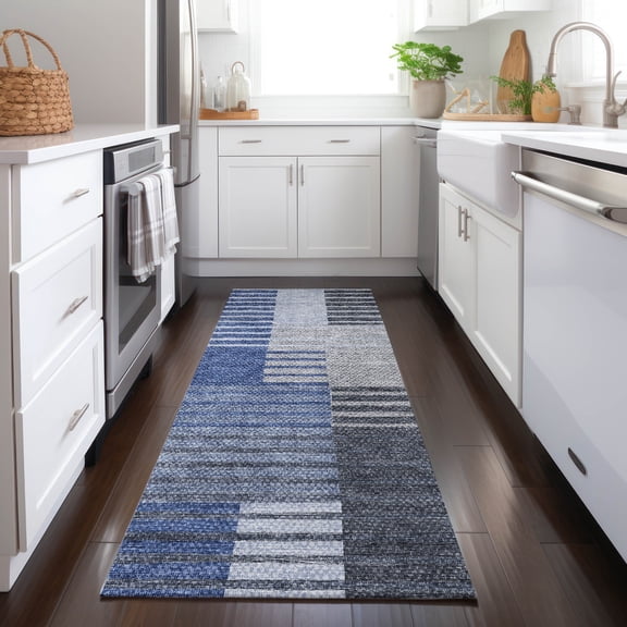 Addison Rugs Chantille Indoor/Outdoor Transitional Striped Blue Washable Runner Rug, 2'3" x 7'6"