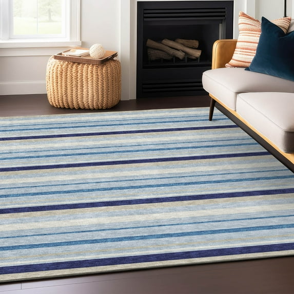 Addison Rugs Chantille Indoor/Outdoor Transitional Stripes Blue Washable Rectangle Rug, 5' x 7'6"