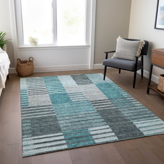 Addison Rugs Chantille Indoor/Outdoor Transitional Striped Teal Washable Rectangle Rug, 10' x 14'